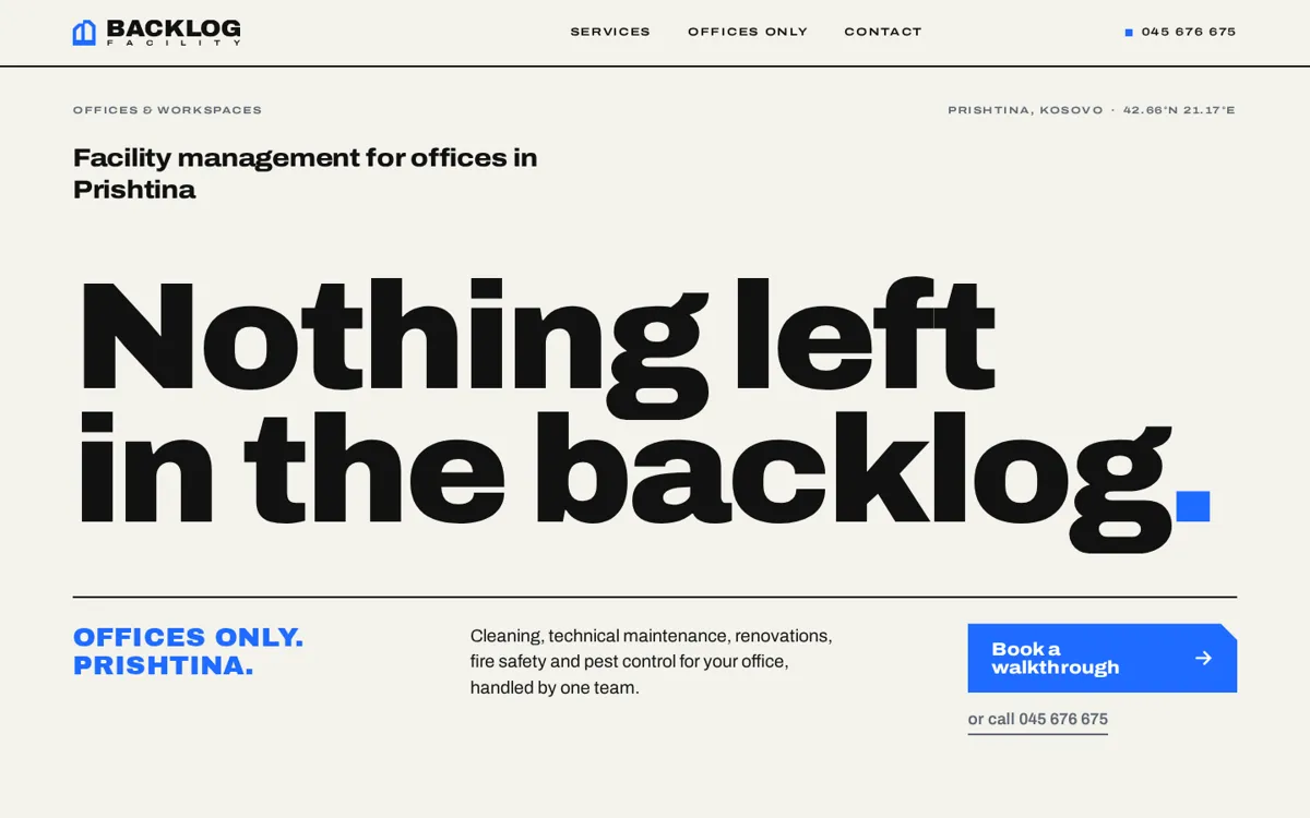 Startseite von Backlog Facility am Desktop: „Nothing left in the backlog.“
