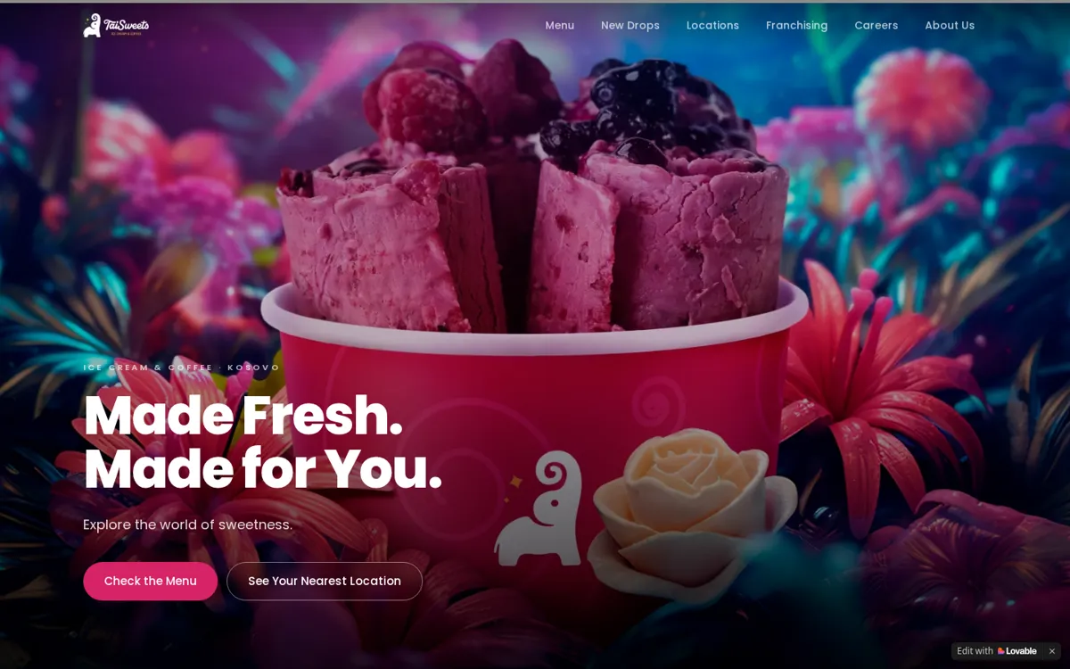 Startseite von Tai Sweets am Desktop: „Made Fresh. Made for You.“