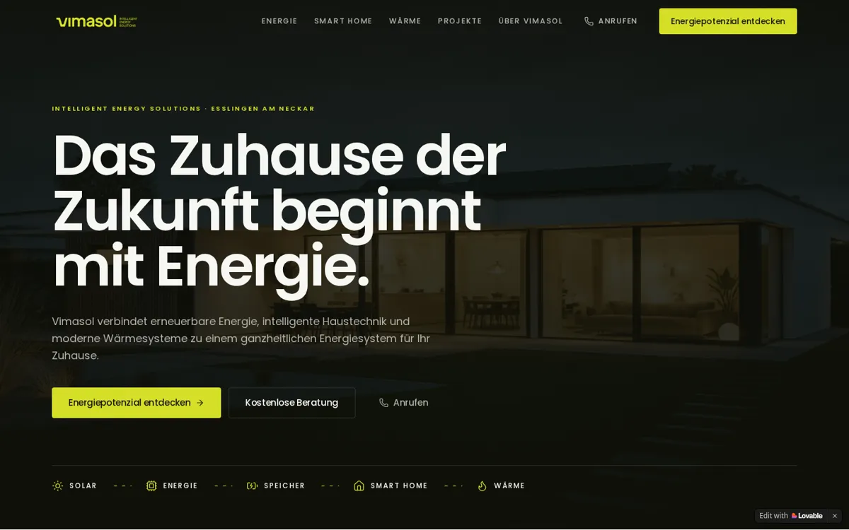 Startseite von Vimasol am Desktop: „Das Zuhause der Zukunft beginnt mit Energie.“